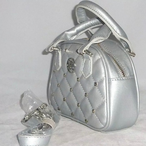 NWT BADGLEY MISCHKA Crossbody Dome Metallic Grey with Silver Studs - Picture 5 of 9